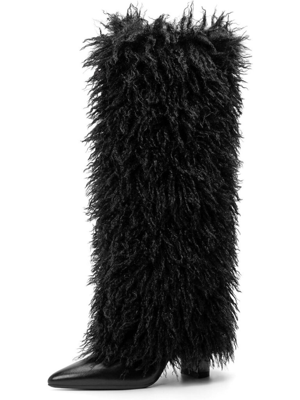 Women's Black Fur Knee High Fold Over Boots Chunky Heel Pointed Toe Tall Boots
